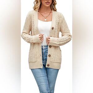 Cable Knit L Sweater Cardigan Chunky Buttons Pockets Robbed Fisherman Preppy NWT